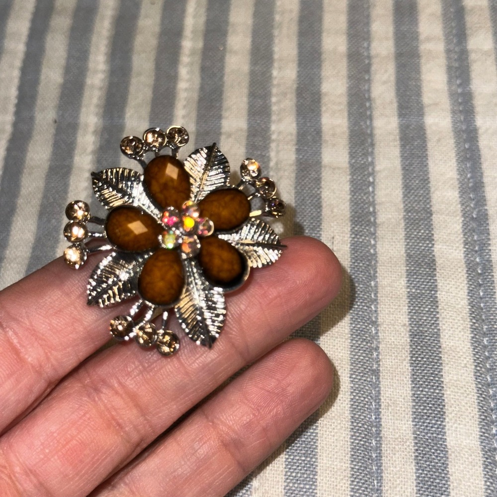 Vintage Style Silver Tone Amber Cabochon Rhinestone Flower Ring‎ Size 6.25